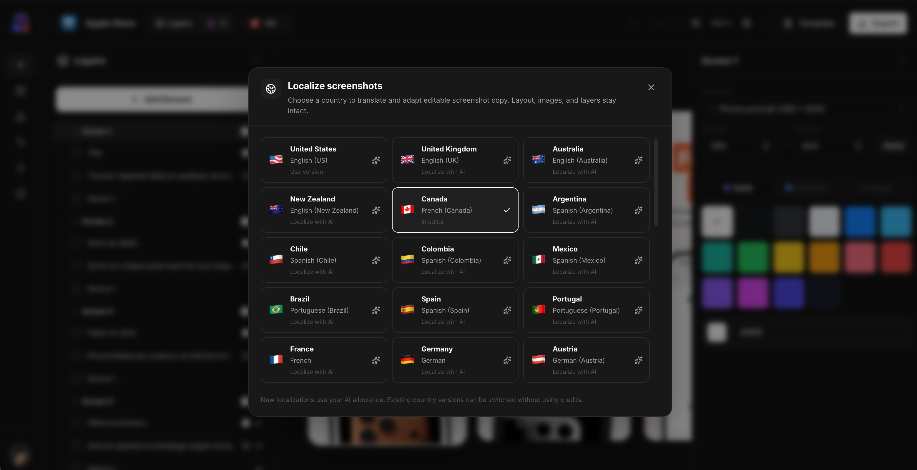 AppGrowthKit localization picker with markets and languages for screenshot copy